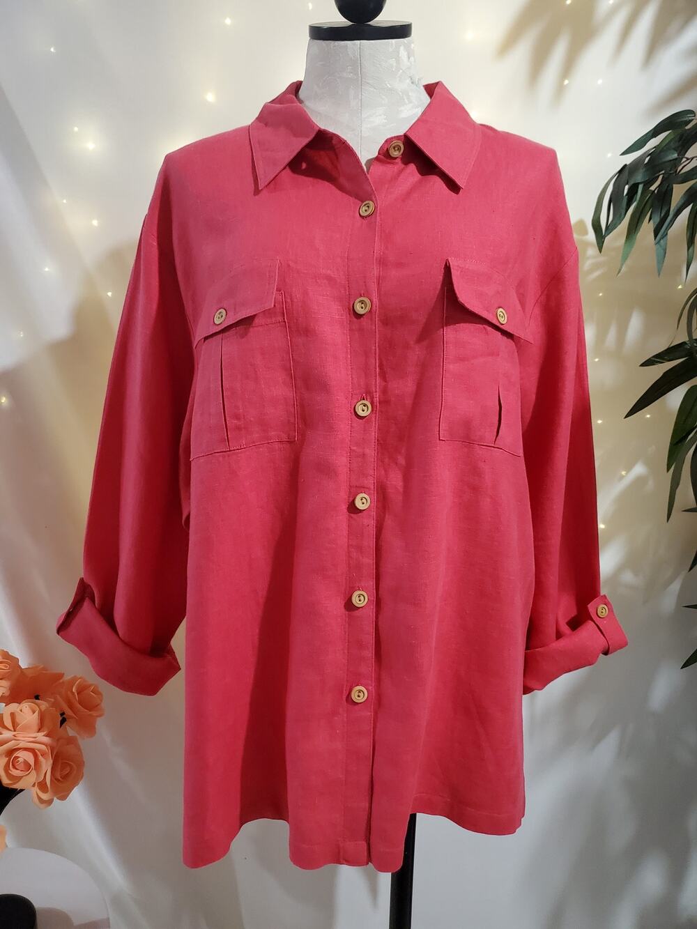 David Dart 100% Linen Wood Button Roll Tab Sleeve Shirt Womens Size XL Lagenlook